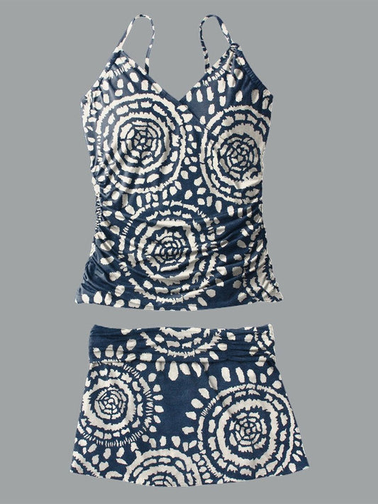 V-neck Dark Blue Retro Sun Texture Print Suspender Skirt Tankini Pantskirt Set Swimsuit