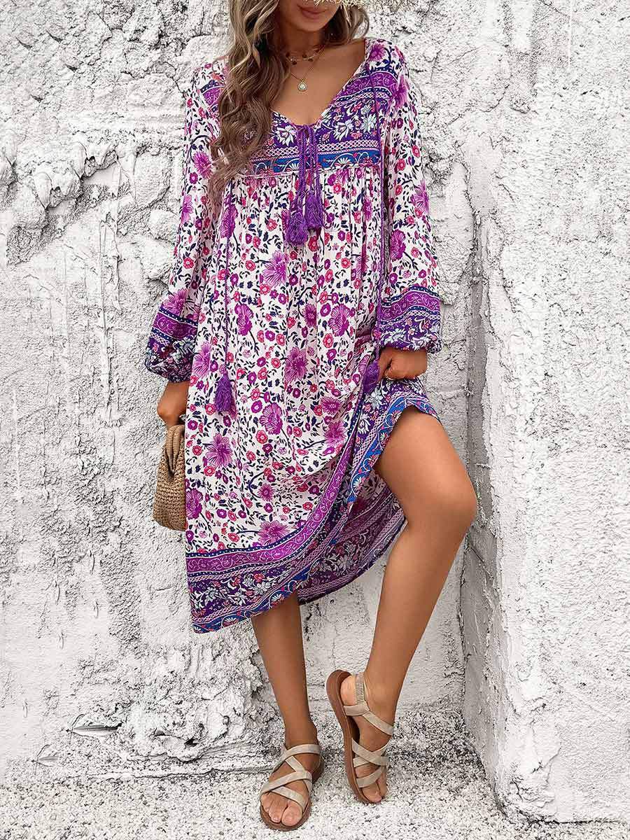 Women's Printed V-Neck Long Sleeve Dress