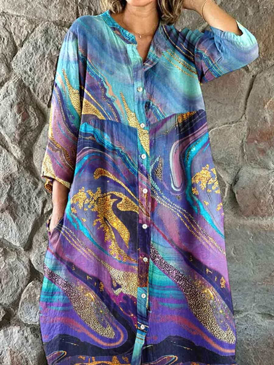 Women's Art Fluid Gilt Pattern Shirt Style Cotton And Linen Dress