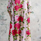 Women's Elegant Rose Floral Pattern V-Neck Cotton and Linen Dress with Pockets