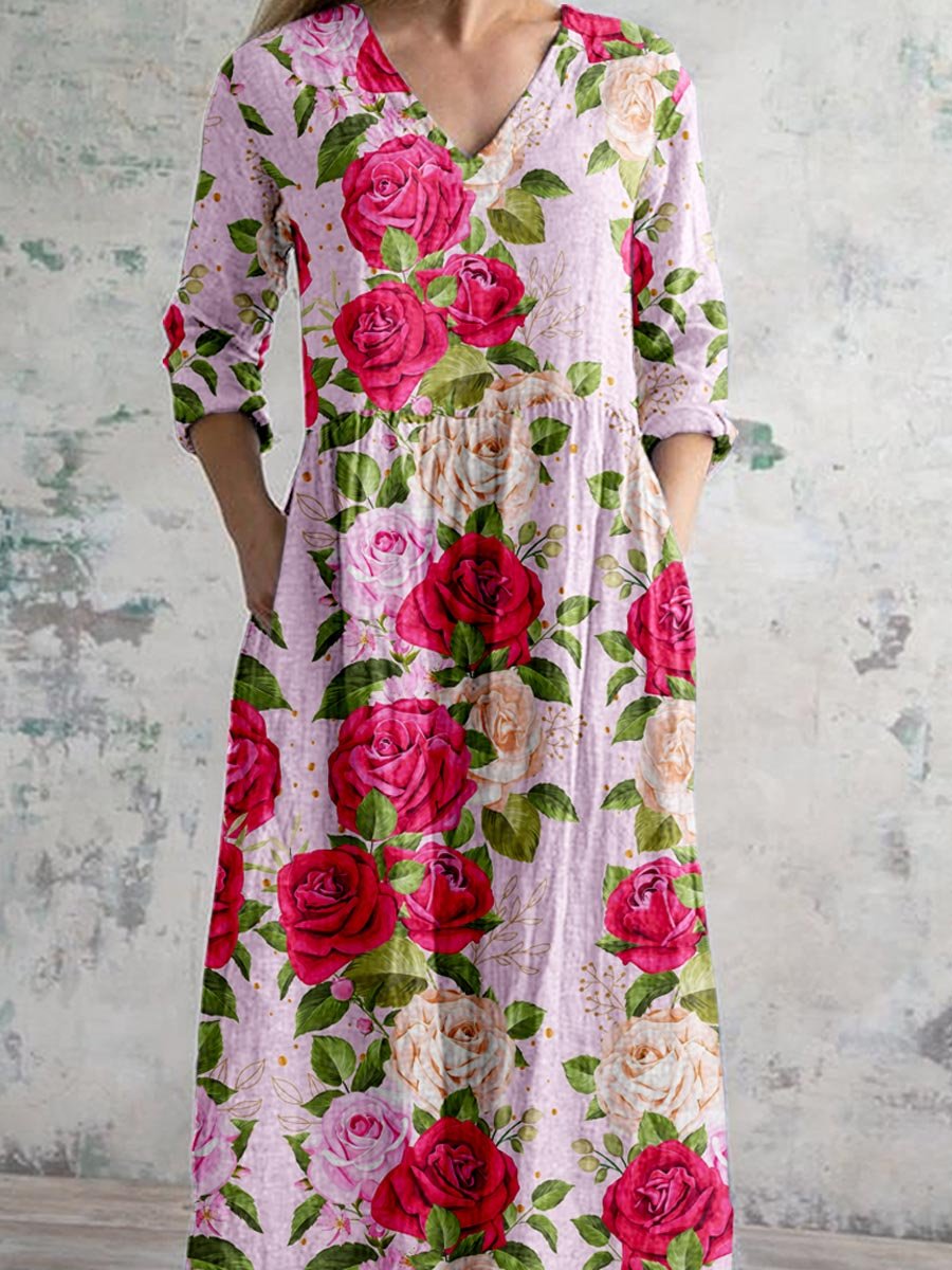 Women's Elegant Rose Floral Pattern V-Neck Cotton and Linen Dress with Pockets