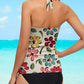 V-Neck Cute Flower Print Halterneck Pleated Tankini Set Swimsuit