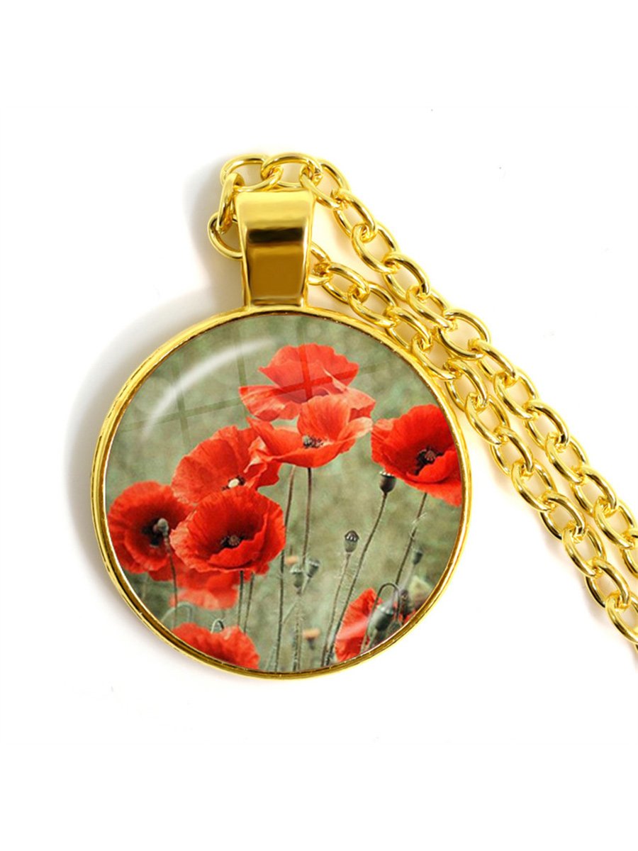 Stylish Poppy Pattern Glass Round Gold Necklace