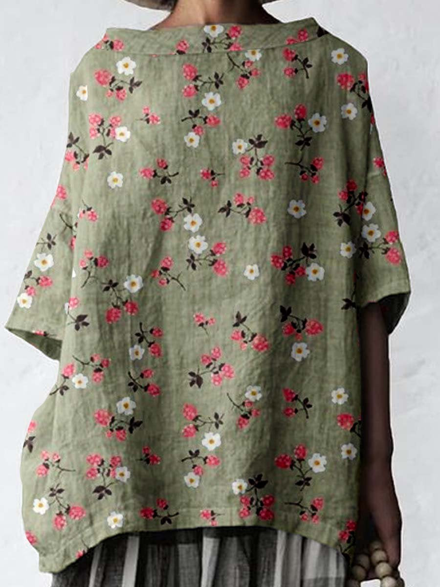 Women's Elegant Floral Pattern Cotton and Linen Top