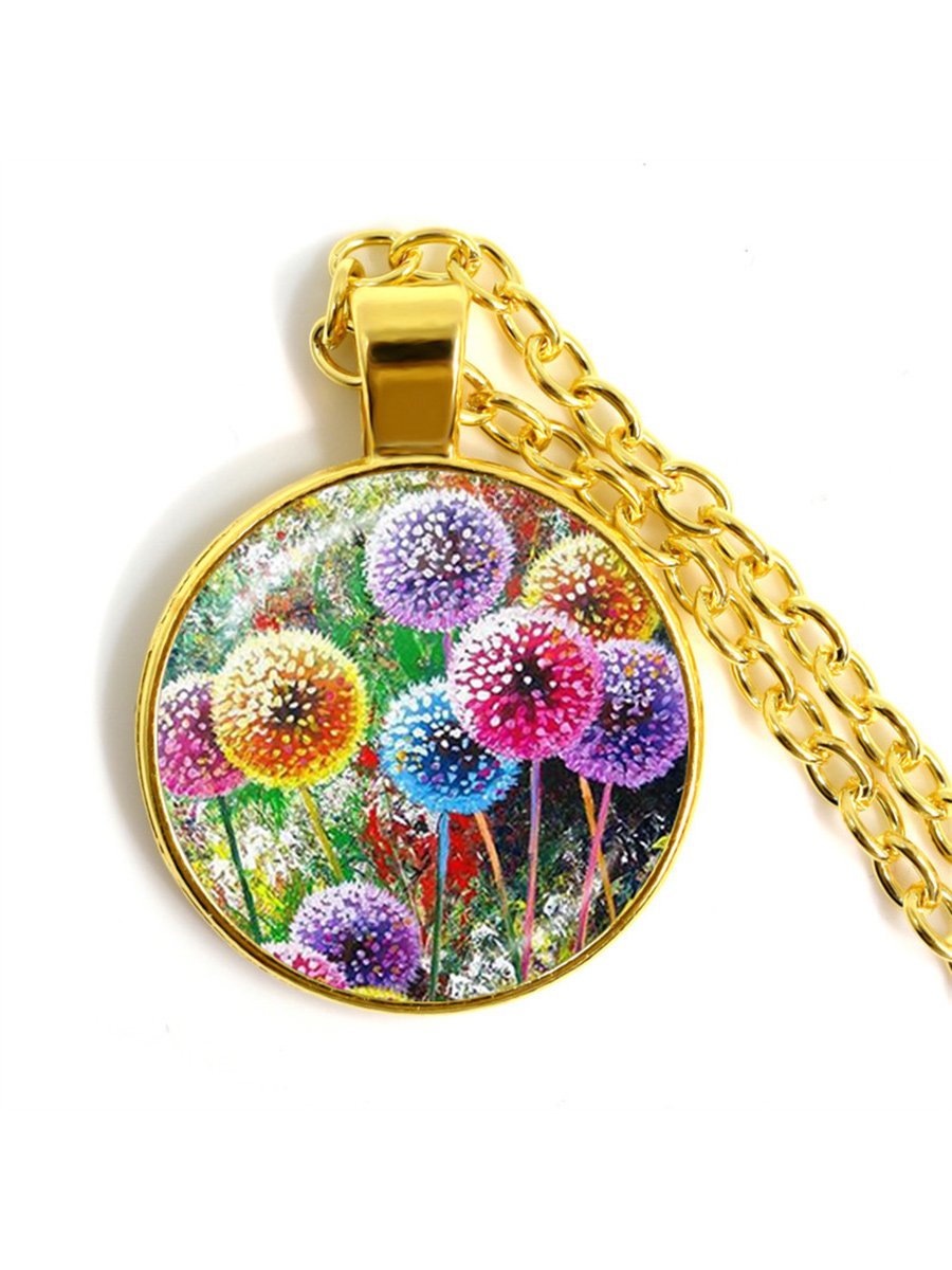 Stylish Poppy Pattern Glass Round Gold Necklace