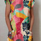 Women's Art Geometric Floral Pattern Round Neck Cotton and Linen Dress