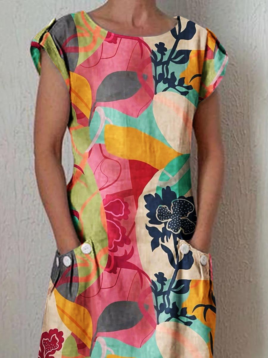 Women's Art Geometric Floral Pattern Round Neck Cotton and Linen Dress