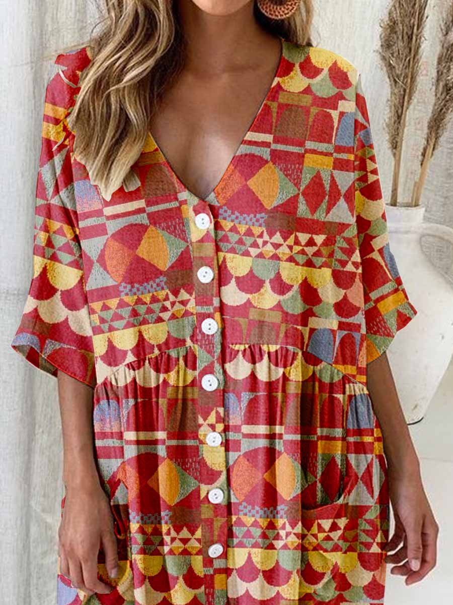 Women's Vintage Art Bohemian Geometric Pattern Dress