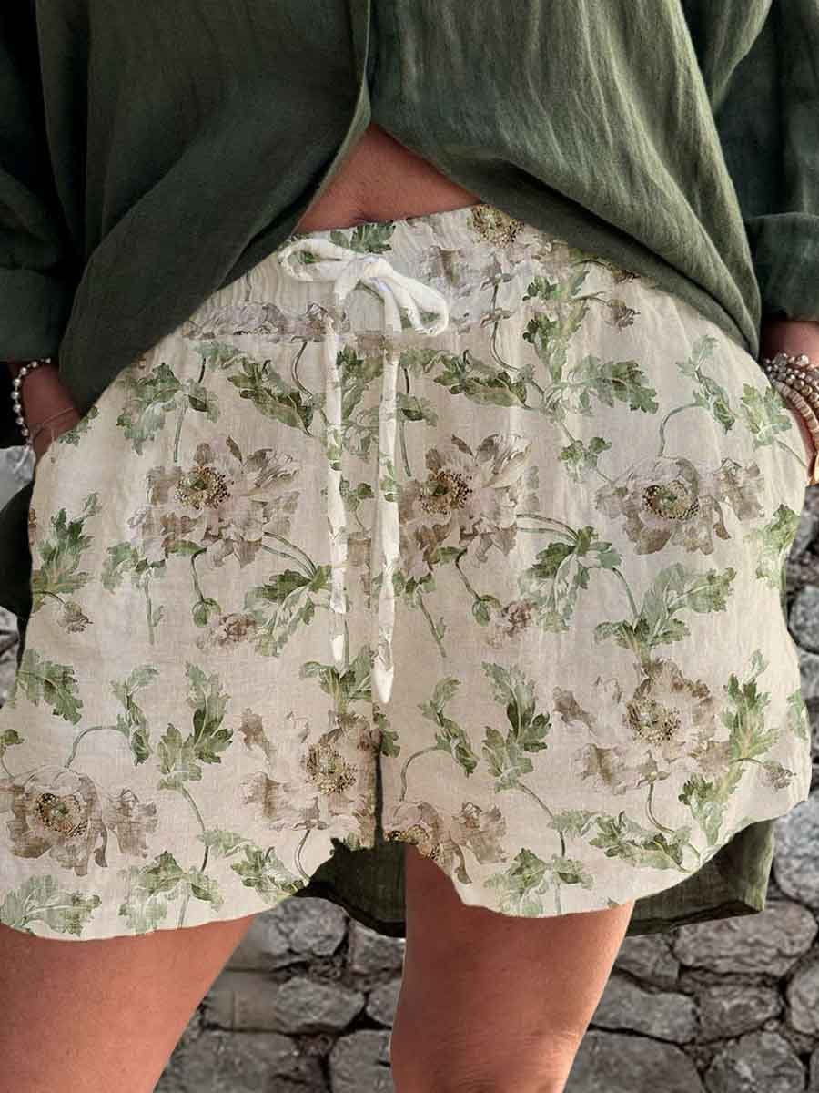 Women's Summer Elegant Simple Floral Linen Strappy Shorts