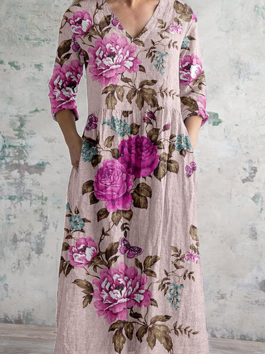 Women's Elegant Rose Floral Pattern V-Neck Cotton and Linen Dress with Pockets