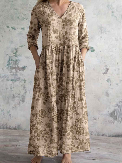 Women's Elegant Simple Embellished Floral Print V-Neck Cotton and Linen Dress with Pockets