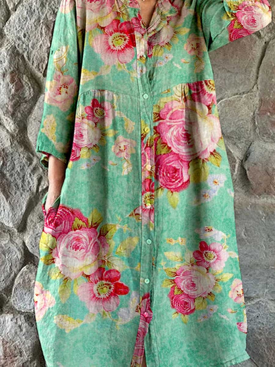 Women's Rose Floral Print Elegant Simple Shirt  Cotton and LinenDress