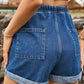 Women's Casual Rolled Hem Denim Shorts With Elasticated Waist