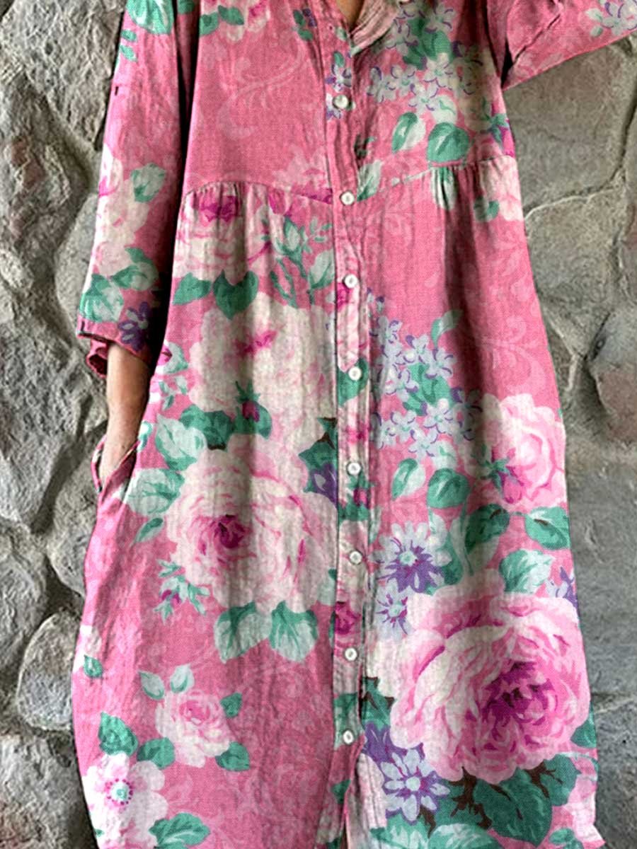 Women's Rose Floral Print Elegant Simple Shirt Cotton and Linen Dress