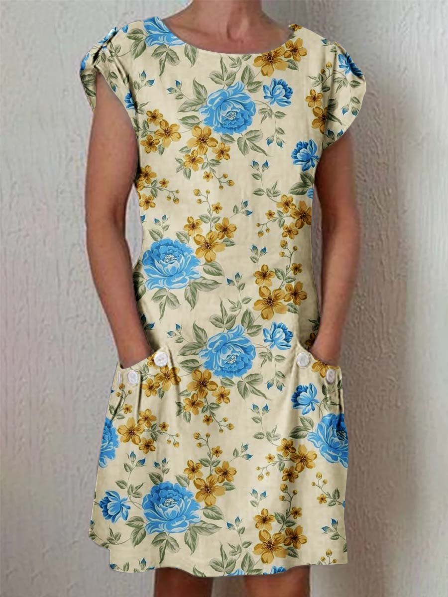 Women's Elegant Floral Pattern Round Neck Cotton and Linen Dress