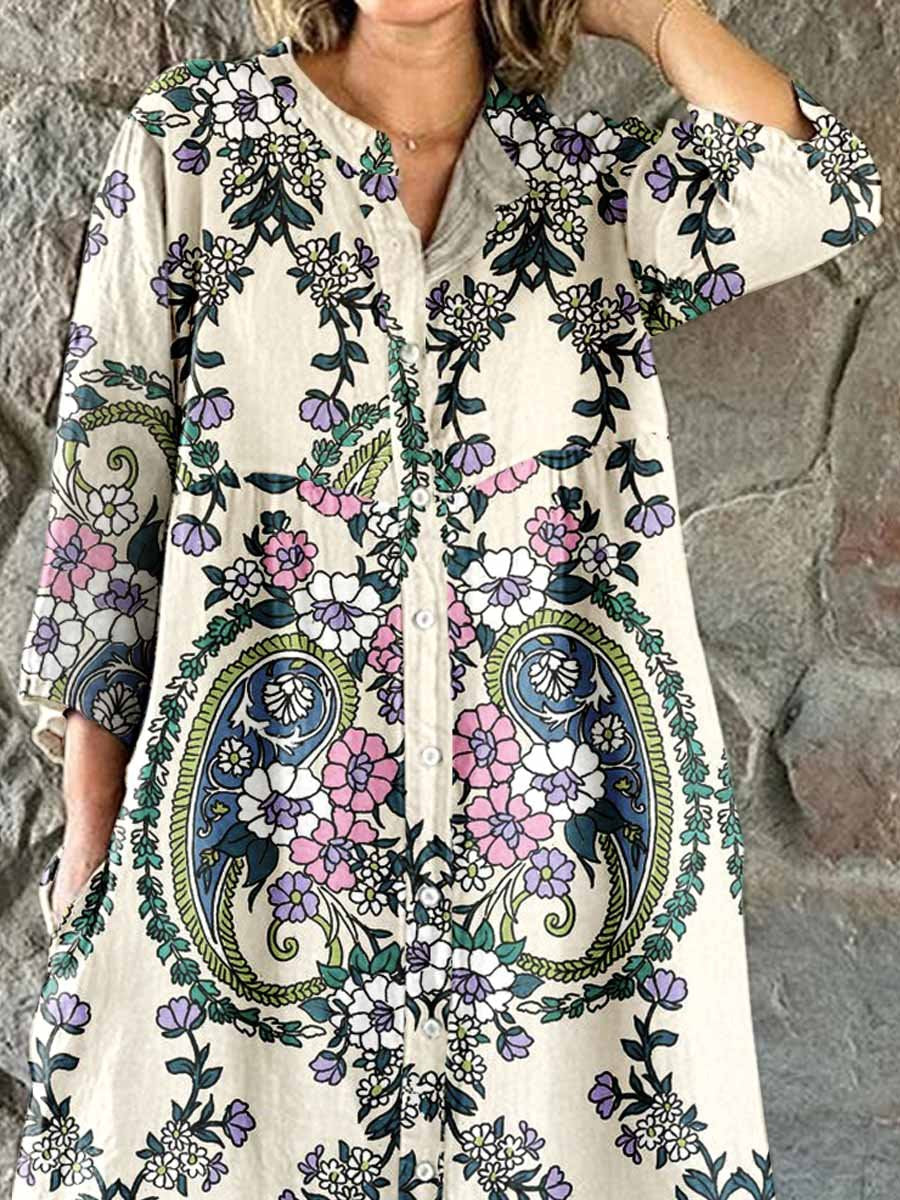 Women's Paisley Shirt Style Cotton And Linen Dress