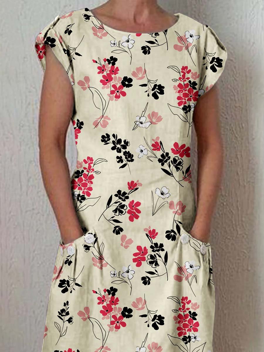 Women's Elegant Floral Pattern Crew Neck Dress