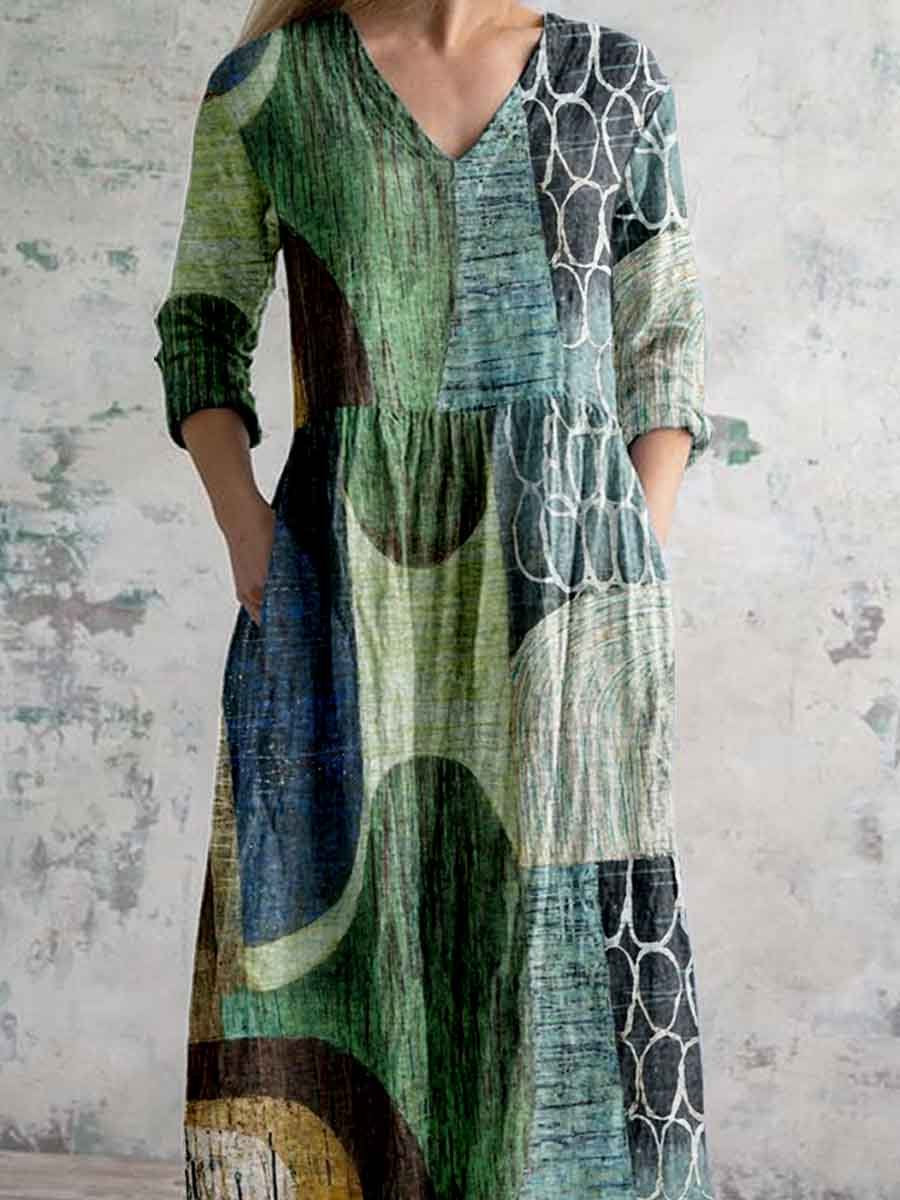 Women's Art Geometric Textured V-Neck Cotton and Linen Dress with Pockets