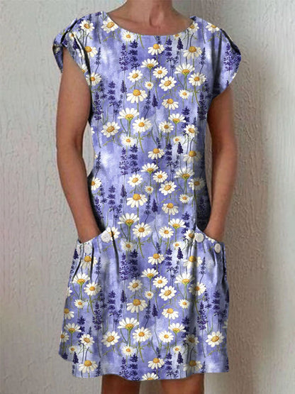 Women's Elegant Vintage Floral Pattern Cotton Dress With Pockets