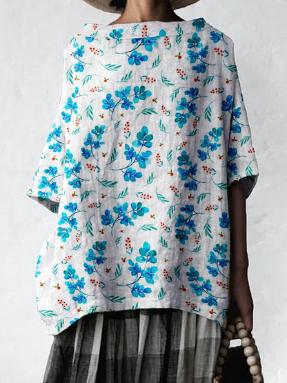 Women's Elegant Floral Pattern Cotton and Linen Top