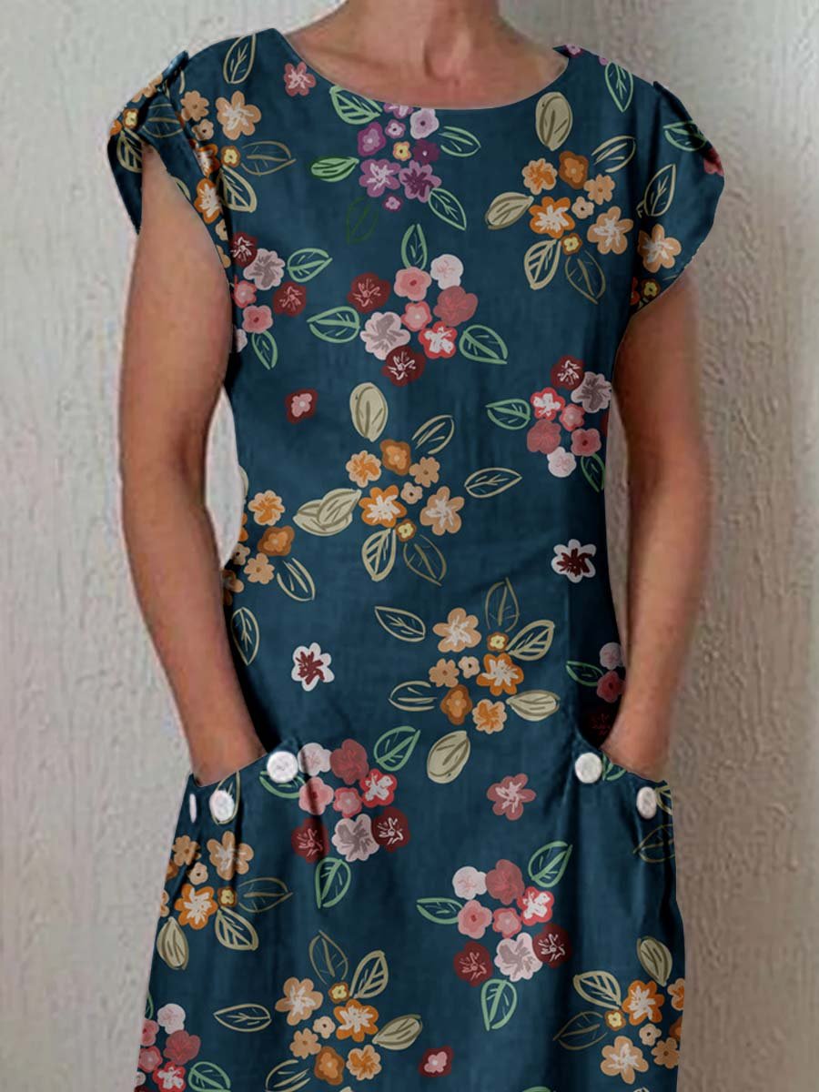 Women's Elegant Floral Cotton and Linen Dress