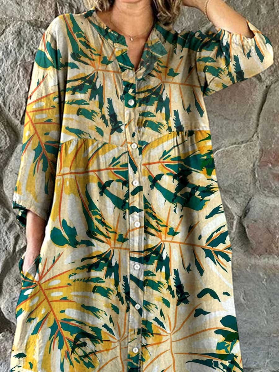 Women's Summer Leaf Pattern Shirt Style Cotton And Linen Dress