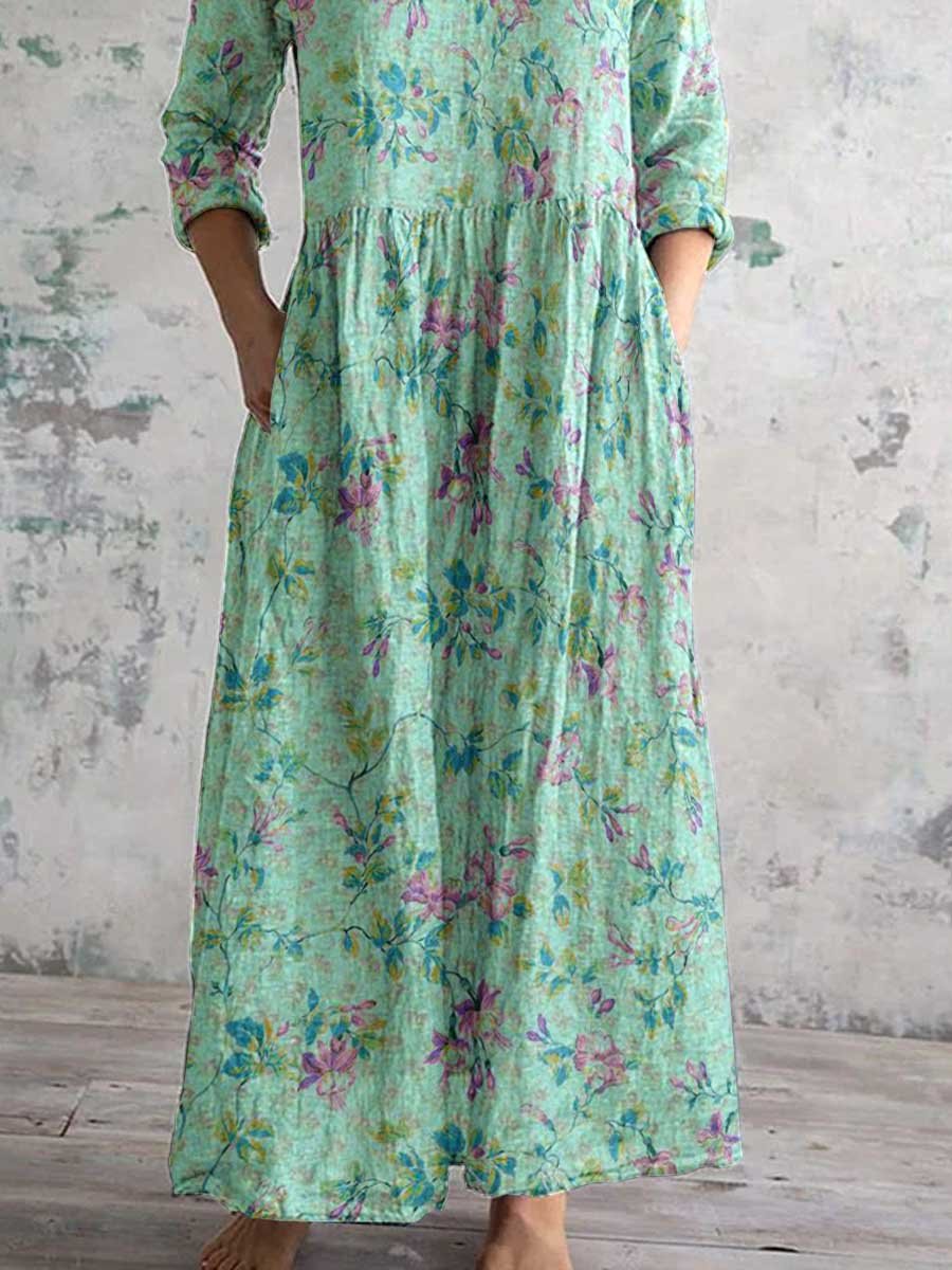 Women's Pastoral Floral V-Neck Cotton and Linen Dress with Pockets