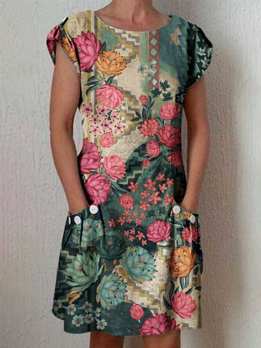 Women's Simple Elegant Decorative Floral Pattern Round Neck Cotton and Linen Dress