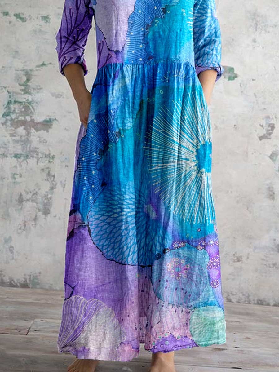 Women's Artistic Color Gradient V-neck Cotton And Linen Dress