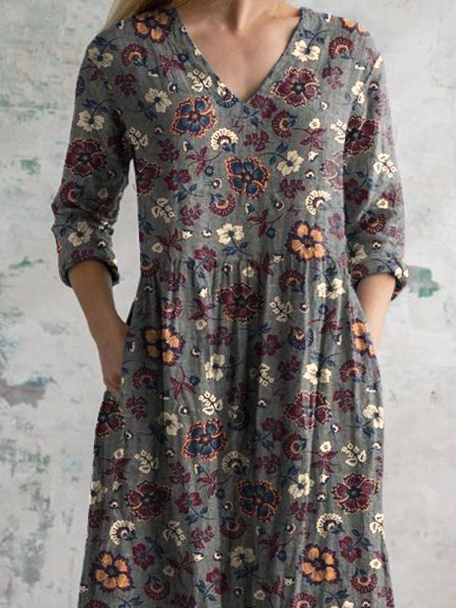 Women's Elegant Vintage Floral Pattern Cotton Dress With Pockets