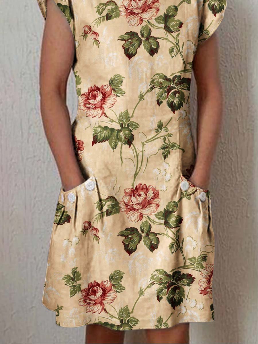 Women's Elegant  Rose Floral Cotton and Linen Dress