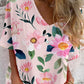 Women's Elegant Floral Pattern V-Neck Shirt Style Cotton and Linen Top