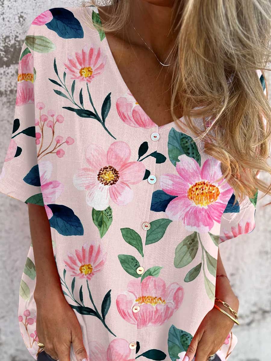 Women's Elegant Floral Pattern V-Neck Shirt Style Cotton and Linen Top