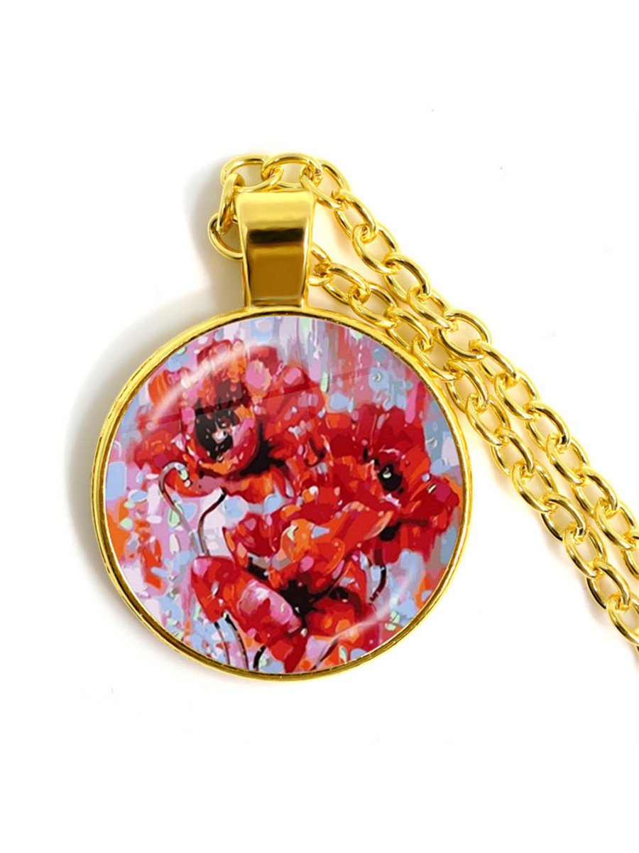 Stylish Poppy Pattern Glass Round Gold Necklace