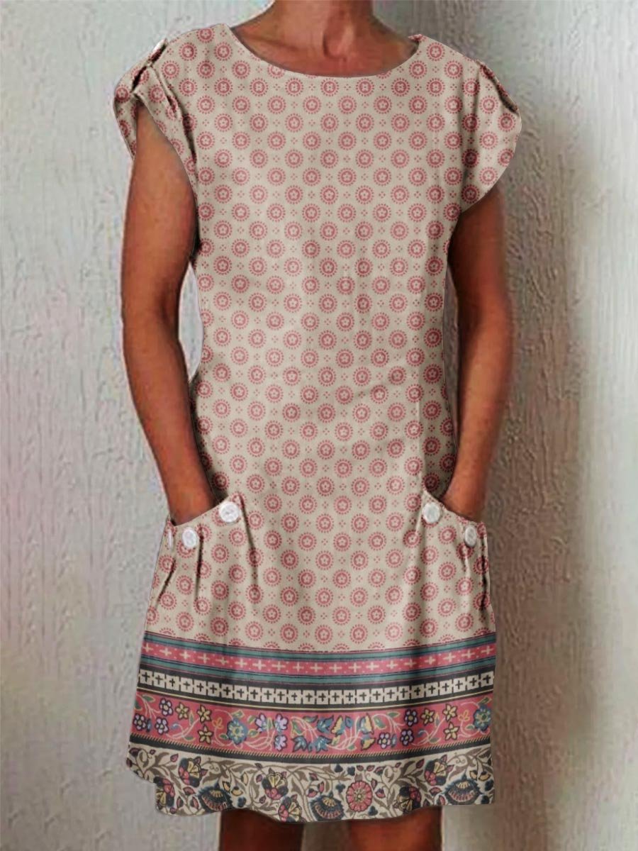 Women's Art Geometric Floral Pattern Cotton and Linen Dress with Pockets