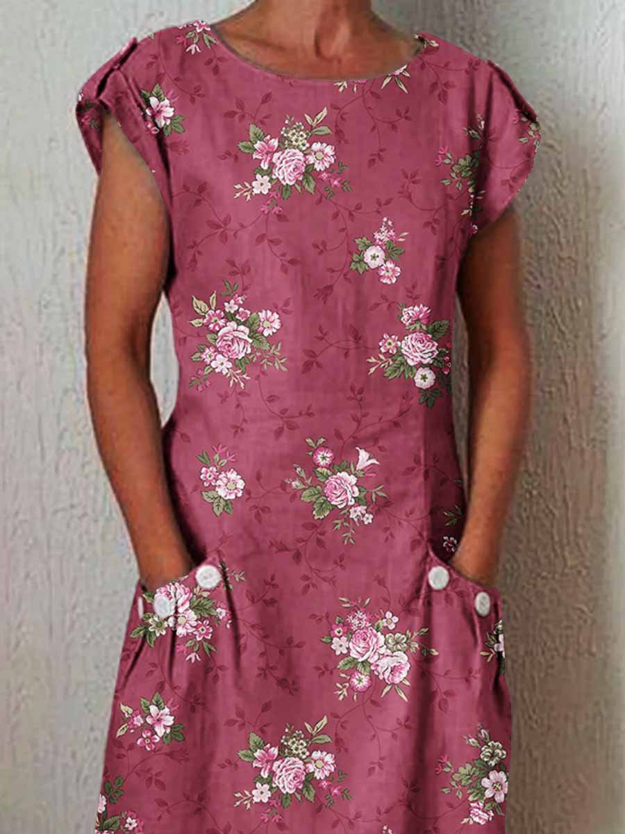 Women's Elegant Rose  Rose Floral Pattern Cotton and Linen Dress with Pockets