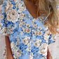 Women's Elegant  Rose Floral Pattern Shirt Style Cotton and Linen Top