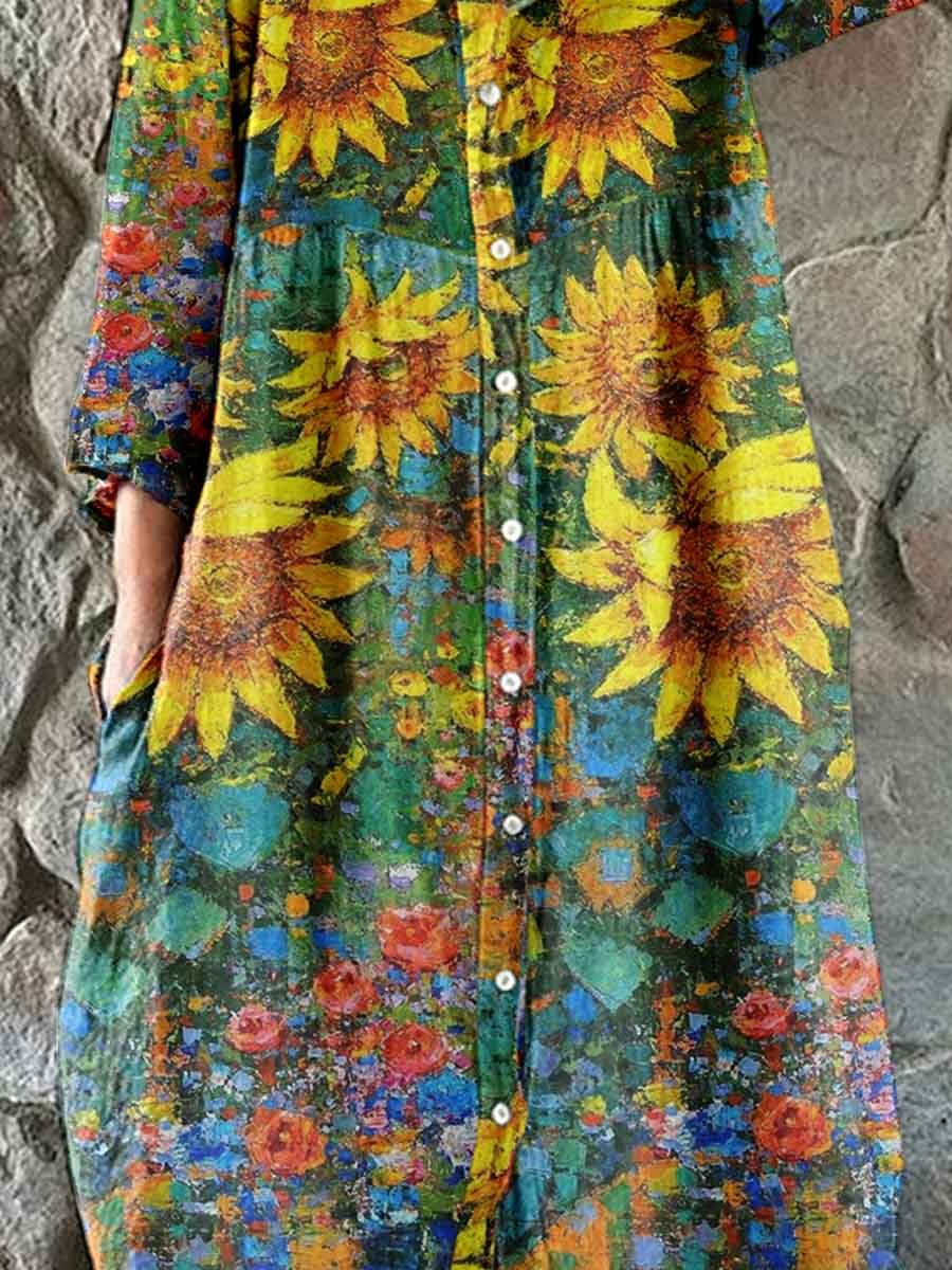 Women's Vintage  Sumflower Floral Pattern Shirt Style Cotton and Linen Dress