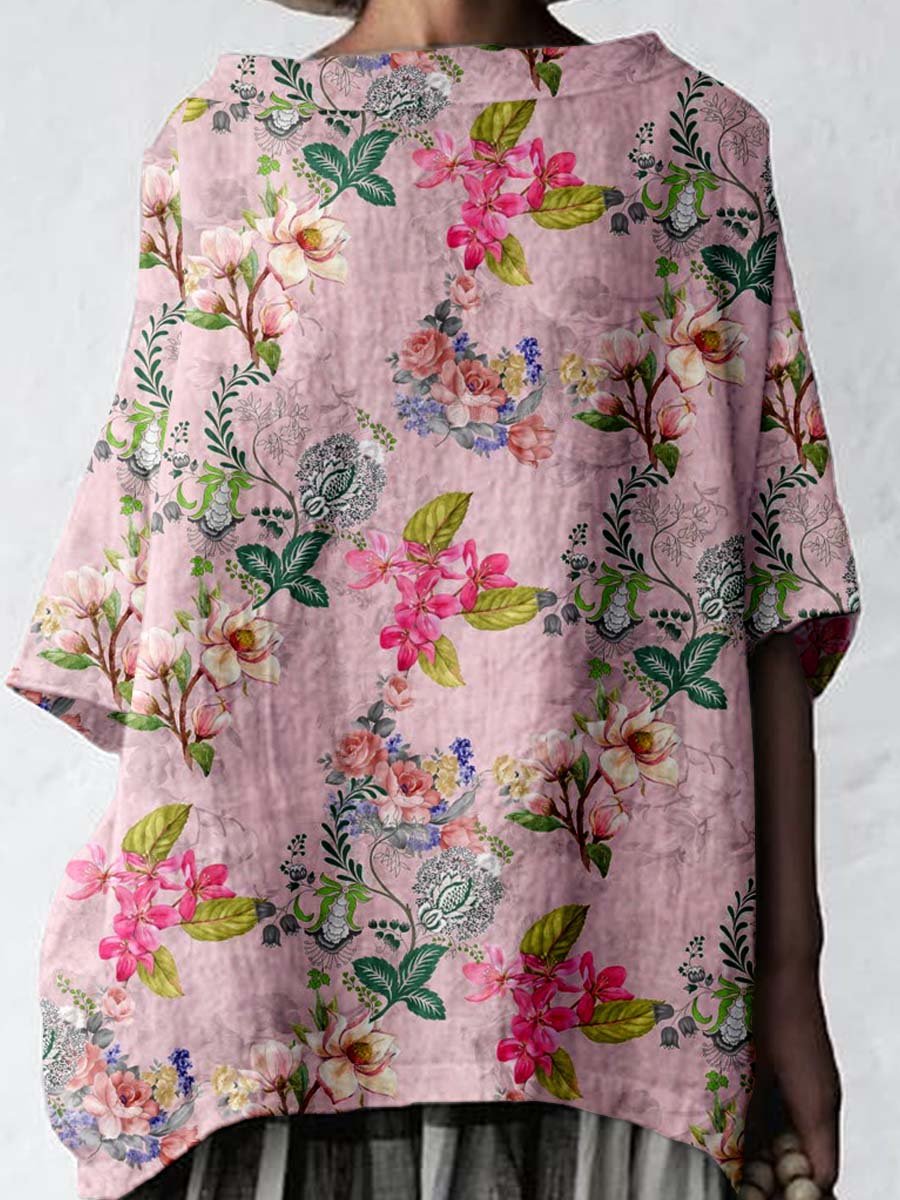 Women's Elegant Floral Pattern Cotton and Linen Top