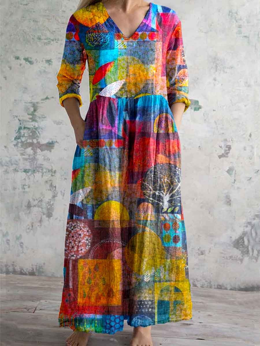 Women's V-neck Artistic Ccolorful Pattern Cotton And Linen Dress