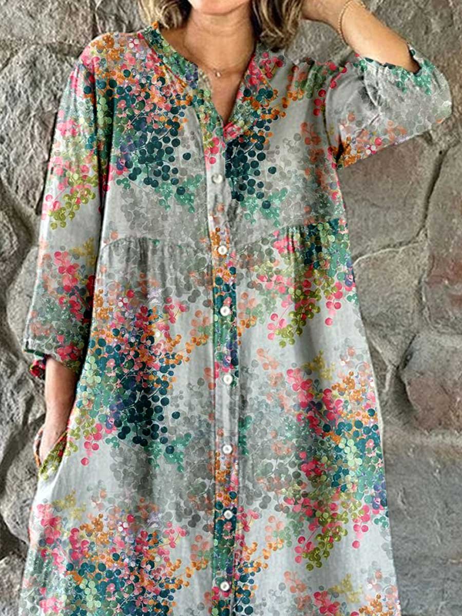 Women's Art Dot Color Shirt Style Cotton and Linen Dress