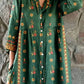 Women's Boho Geometric Elegant Floral Shirt Style Cotton and Linen Dress