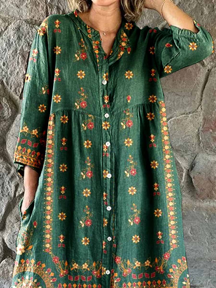 Women's Boho Geometric Elegant Floral Shirt Style Cotton and Linen Dress