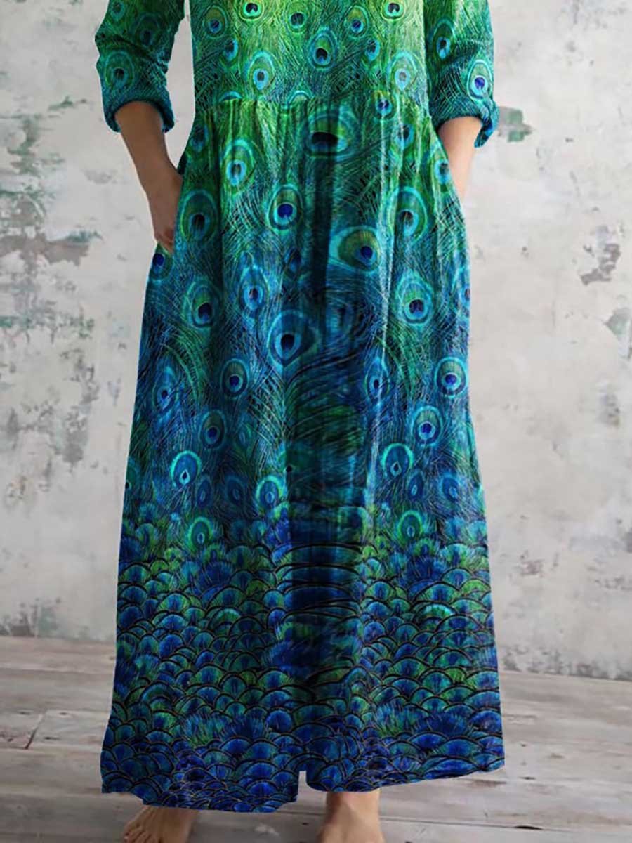 Women's V-Neck Colorful Peacock Pattern Cotton and Linen Pocket Dress