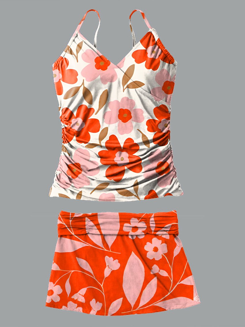 V-Neck Orange Flowers Floral Retro Pattern Art Print Pleated Tankini Set Swimsuit