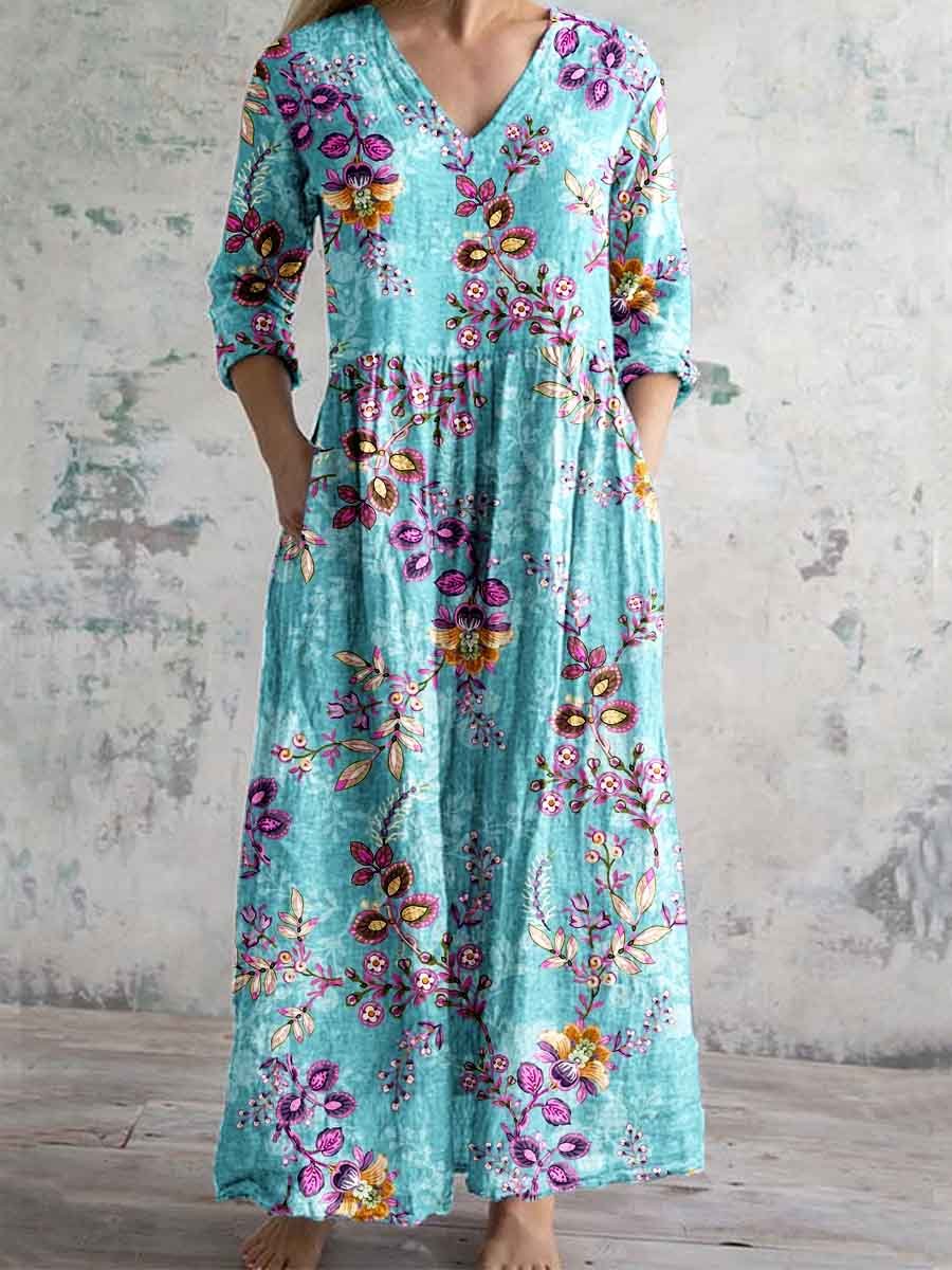 Women's Elegant Rose Floral Print V-Neck Cotton and Linen Dress with Pockets