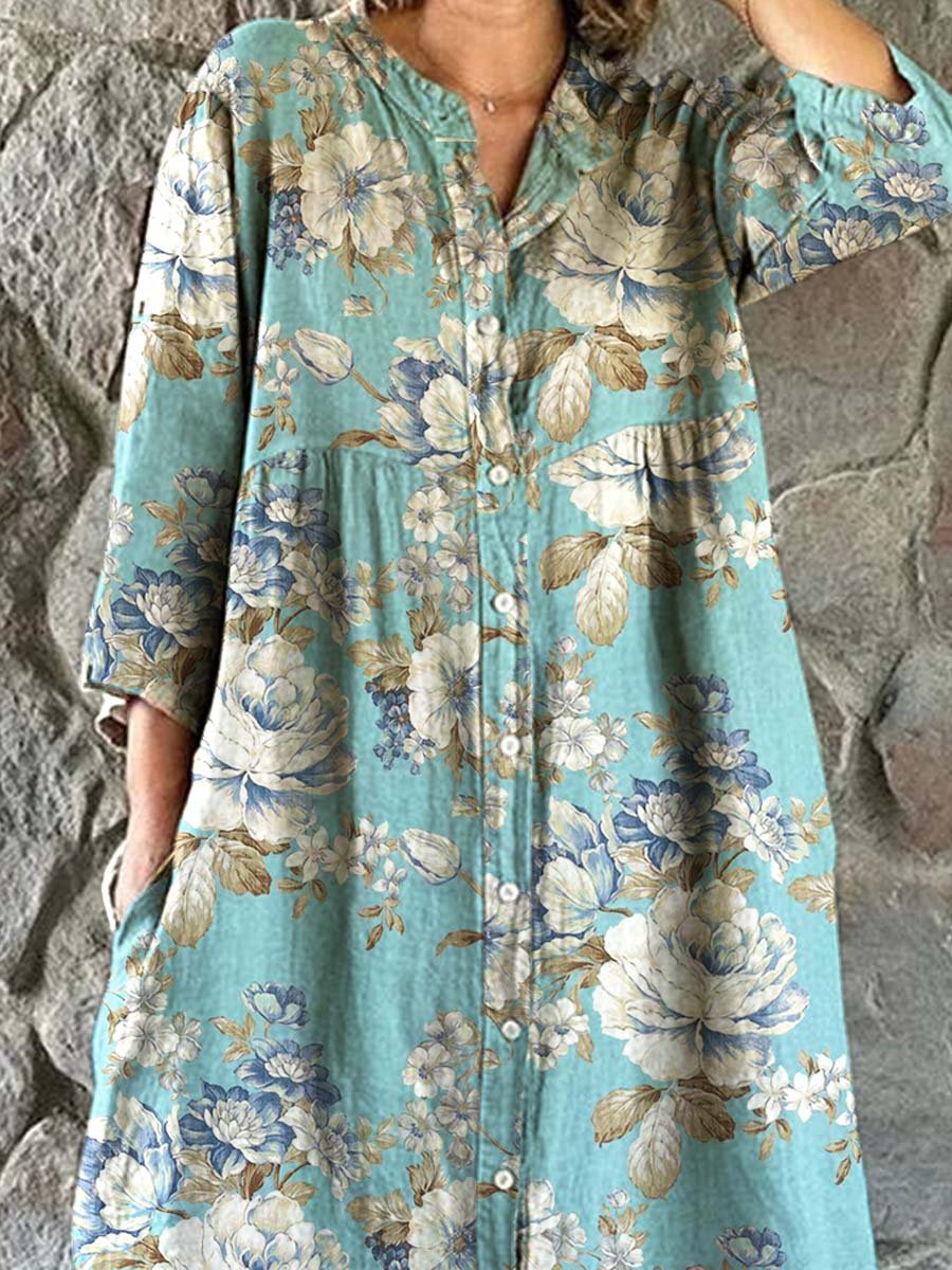 Women's Elegant Floral Pattern Cotton and Linen Dress with Pockets