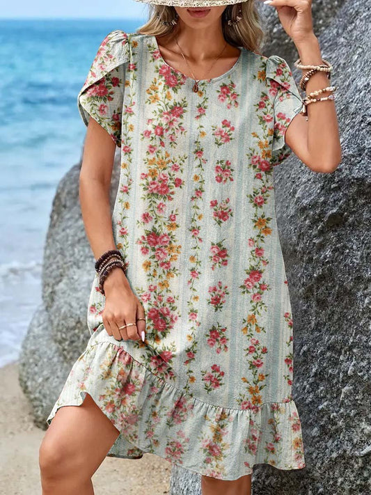 Women's Elegant Simple  Rose Floral Pattern Petal Sleeve Round Neck Dress