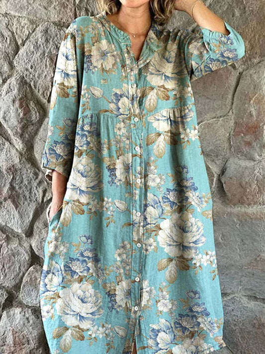 Women's Elegant Floral Pattern Cotton and Linen Dress with Pockets