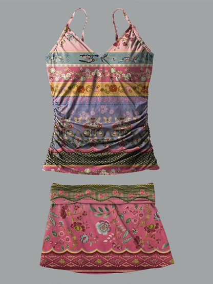 V-Neck Color Retro Ethnic Flower Print Suspender Skirt Tankini Pantskirt Set Swimsuit